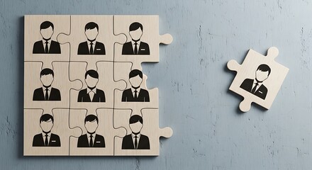 Puzzle pieces with drawn figures represent a team or workforce with one piece missing and another separate symbolizing recruitment or team building