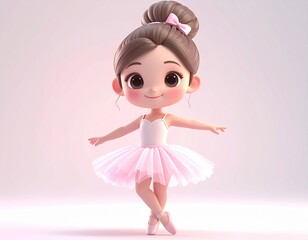 AI Generative Cute cartoon ballerina girl in a pink tutu and ballet shoes posing.