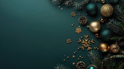 Elegant Christmas Background with Gold and Emerald Green Ornaments on Dark Teal Texture