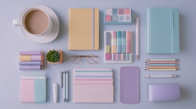 Creative workspace colorful stationery and coffee setup home office flat lay minimalist aesthetic inspiration
