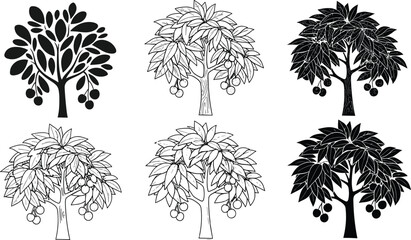 Fruit tree illustration, black and white drawing, botanical sketch art, orchard design element, abstract foliage artwork, decorative nature background, educational graphic