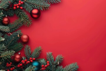 Red Christmas Background Frame with Glitter Baubles, Pine Cones, and Evergreen Branches