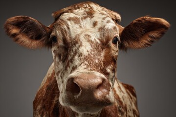 Detailed view of a realistic cow face highlighting unique fur patterns and expressive features in a studio setting
