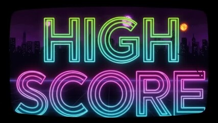 Neon High Score Text With Fireworks Display. - Powered by Adobe