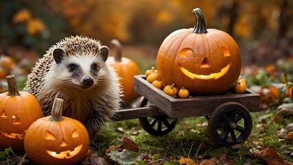 Pumpkin Cart Pulled by Hedgehog Duo 2