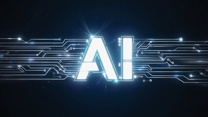 A futuristic glowing white AI symbol connected with digital circuit lines on a dark background, symbolizing artificial intelligence, data technology, computing networks, automation, modern innovation.