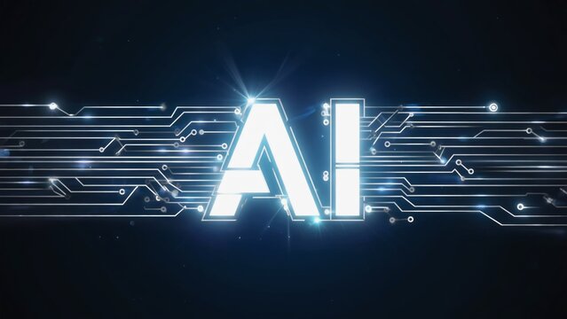 A futuristic glowing white AI symbol connected with digital circuit lines on a dark background, symbolizing artificial intelligence, data technology, computing networks, automation, modern innovation. - Powered by Adobe