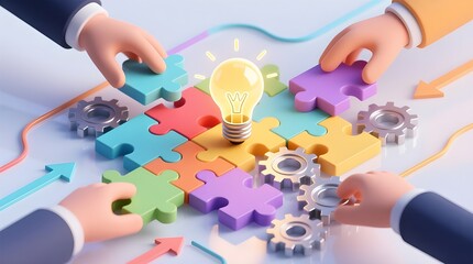 Hands Assembling Puzzle and Gears, Symbolizing Teamwork and Innovation – Business Collaboration Concept