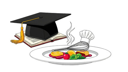 Graduation cap on a book next to a chef's hat and a gourmet dish, symbolizing culinary education.
