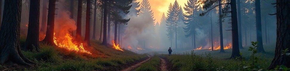 Obraz premium Dramatic Controlled Forest Burn Smoke and Flames Rise Amidst Towering Trees, a Safe and Effective Ecosystem Management Practice