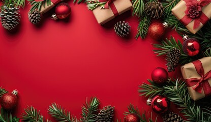 Red Christmas Background Border with Gifts, Pine Branches and Gold Red Ornaments