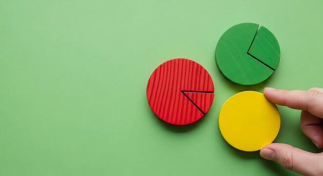 Colorful pie chart pieces being assembled by a hand on a green background illustrating fractions and data representation - Powered by Adobe