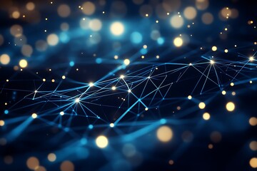 Abstract network of blue lines connecting illuminated nodes with blurred golden bokeh lights