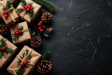 Rustic Christmas Gifts and Pine Cones on Dark Wood Background