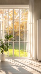 Fototapeta premium Autumn window view with sunlight, potted plant, and sheer curtains in modern interior