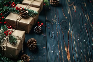 Rustic Christmas Gifts and Pine Cones on Dark Wood Background