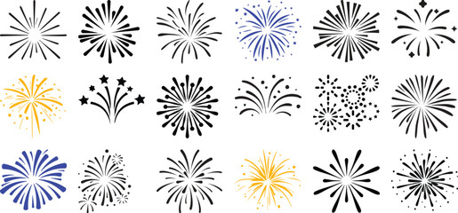 Collection of Diverse Firework Burst Icons in Black, Blue, and Yellow