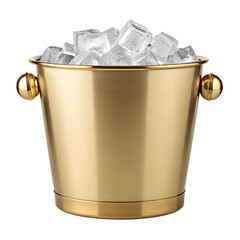 A gleaming polished brass ice bucket filled with clear ice cubes perfect for chilling beverages isolated on transparent background