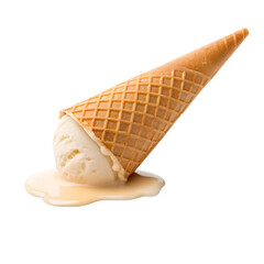 A delicious vanilla ice cream cone melting and dripping onto a white surface isolated on transparent background
