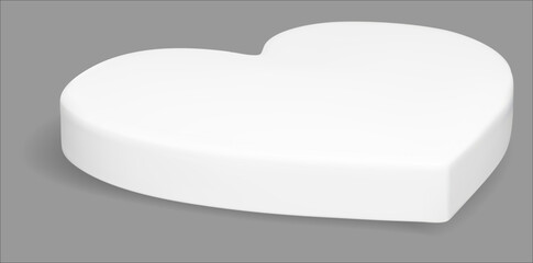 3d heart podium. Valentine display platform with love shape. White stand mockup for realistic Mom showcase scene. Minimal floating studio isolated base for Mother day. Perspective view pedestal
