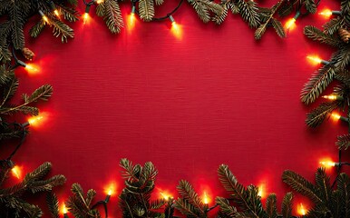 Christmas Frame with Glowing Fairy Lights and Pine Branches on Red Wood Background