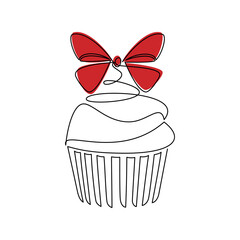 Cupcake muffin creamy cake. Dessert line continuous drawing. Christmas holiday pastry. Festive food icon vector. Cartoon hand drawn illustration, print, banner, birthday greeting card, logo.