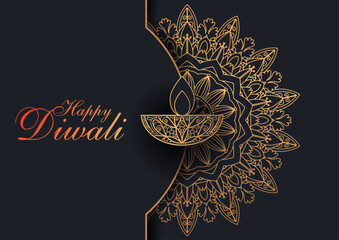 Happy Diwali Festival Background with Exquisite Golden Mandala Lantern Design, Luxury Decorative Pattern, Elegant Indian Celebration Card and Festive Home Decor Artwork
