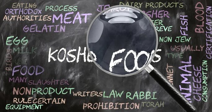 Kosher Foods being studied, examined - under close inspection. Most important subjects and ideas closely related to kosher foods written on a blackboard inspected by a magnifying glass. Can be looped