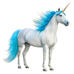 Majestic white unicorn with flowing bright blue mane and tail standing elegantly isolated on transparent background