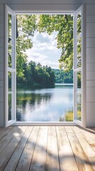 Obraz premium Open window with scenic view of lake reflecting sky and surrounding lush trees
