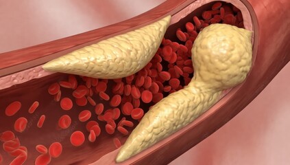 3D medical illustration of artery clogged with cholesterol plaque and red blood cells, cardiovascular disease, health risk, heart attack, stroke prevention, circulation problems, medical research