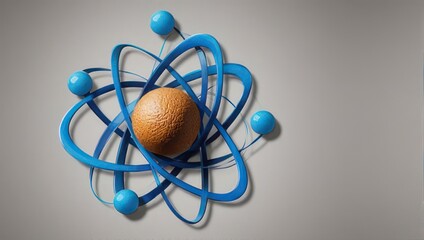 A 3D depiction of an atom with a central sphere and orbiting blue spheres and rings
