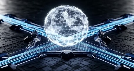 Futuristic digital sphere surrounded by glowing blue circuitry on dark surface - Powered by Adobe