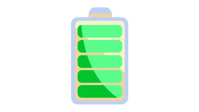 Fully charged battery icon with five green bars in cartoon animation. Full power indicator and energy status in a transparent background. Alpha channel. Seamless looping.