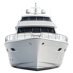 Front view of a luxurious white motor yacht with multiple decks and windows isolated on transparent background