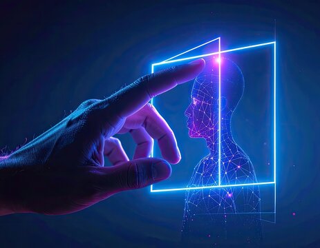 Hand touching futuristic digital human within a neon square frame - Powered by Adobe