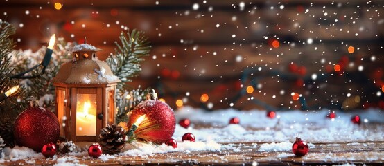 Red Lantern and Frosted Holly Berries in Snowy Winter Landscape