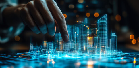 An architect brings architectural designs to life with 3D holographic construction models. The concept of innovation in architecture and futuristic design. Generative Ai.