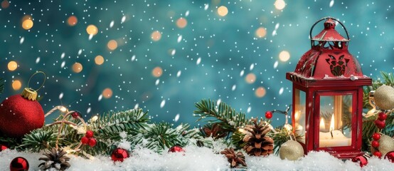 Red Lantern and Frosted Holly Berries in Snowy Winter Landscape