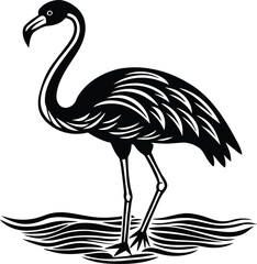 Pink flamingo silhouette vector illustration, a tropical bird standing in nature with its long leg