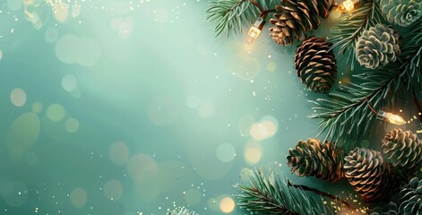 Elegant Christmas Background with Pine Cones, Fairy Lights, and Bokeh on Teal Green