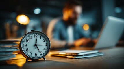 Dedicated professional working late into the night, focused on project deadlines with an alarm clock emphasizing urgency