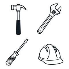 Set of essential construction tools including a hammer wrench screwdriver and safety hard hat representing diy and professional building projects