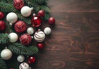 Red, White, and Silver Christmas Ornaments with Pine on Dark Wood Background