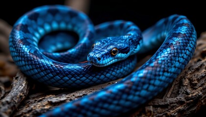 Obraz premium Vivid Blue Snake Coiled Branch Dramatic Lighting