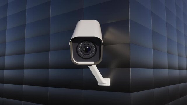 Security camera on grey wall, protection and monitoring system visualization..