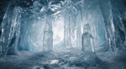 A cavern of ice with translucent walls, lit from the back, featuring stalactites and ice formations