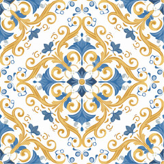A seamless Italian Florentine baroque tile pattern with gold and blue scrollwork. Perfect for luxury interiors, packaging, and ornate decorative design.