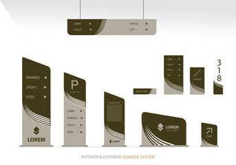 Wayfinding system signage mockup set Direction signs Exterior and interior way finding design.