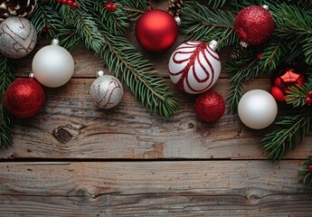 Red, White, and Silver Christmas Ornaments with Pine on Dark Wood Background